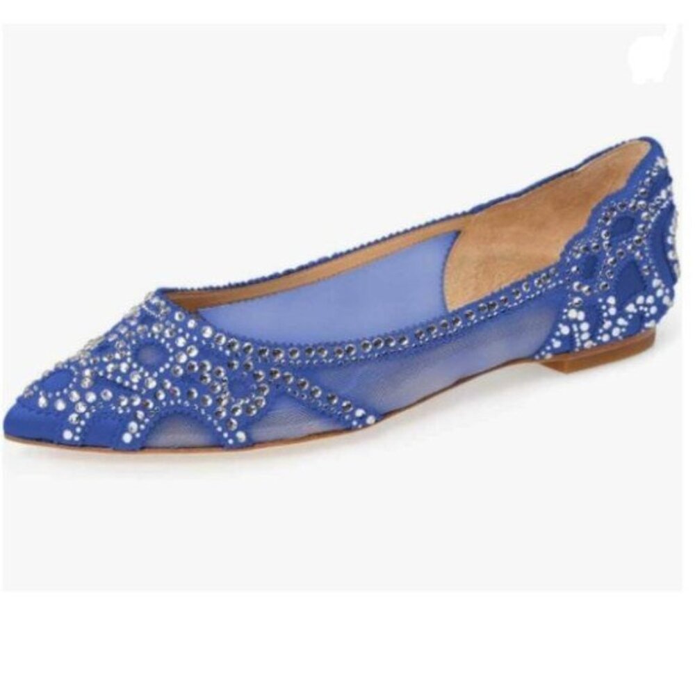 XYD Blue Pointed Toe Rhinestone Flats Mesh Crystal Embellished Wedding Shoes